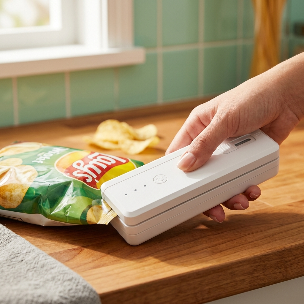 Sealing a chip bag with the Seal'd Press on a butcher-block counter