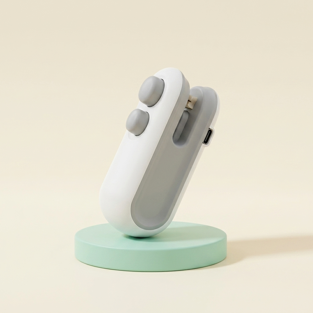 The Seal'd Mini pocket bag sealer with twin buttons — exactly what ships, on a mint pedestal