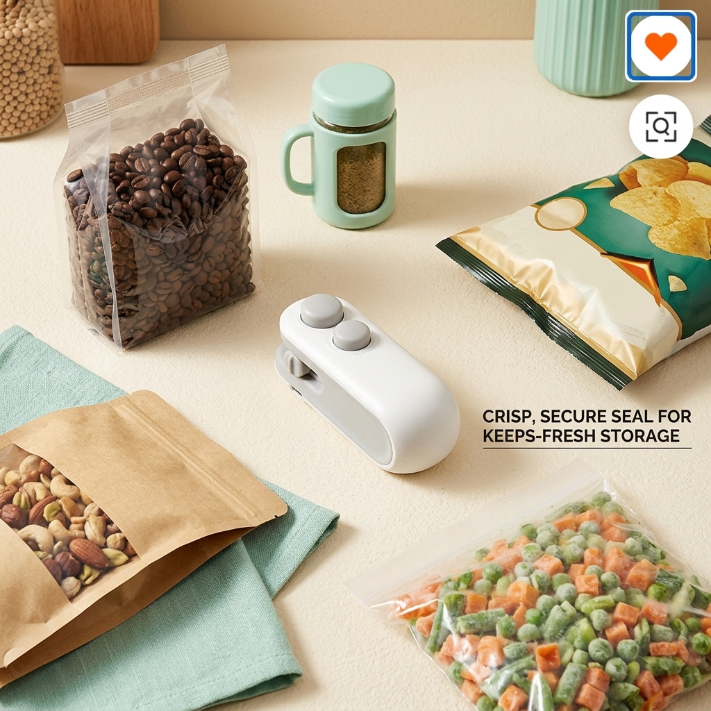Seal'd Mini surrounded by sealed bags of coffee, nuts, vegetables, and chips — keeps everything fresh